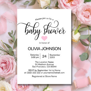 Personalised Pink Heart White Girl Baby Shower Invitation