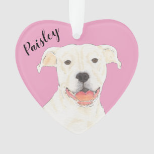 Personalised Pink Heart White Pitbull Staffy Ornament