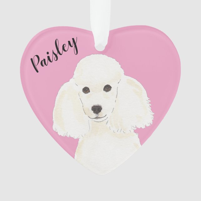 Personalised Pink Heart White Poodle Ornament (Front)