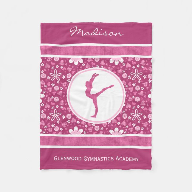 Personalised Pink Hearts and Floral Gymnastics Fleece Blanket (Front)