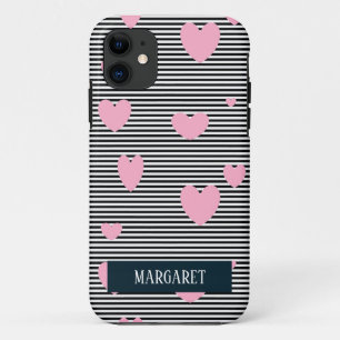 Personalised pink hearts and stripes iPhone 11 case