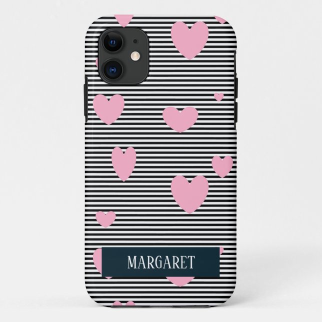 Personalised pink hearts and stripes Case-Mate iPhone case (Back)