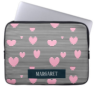 Personalised pink hearts and stripes laptop sleeve