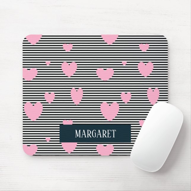 Personalised pink hearts and stripes mouse pad (With Mouse)