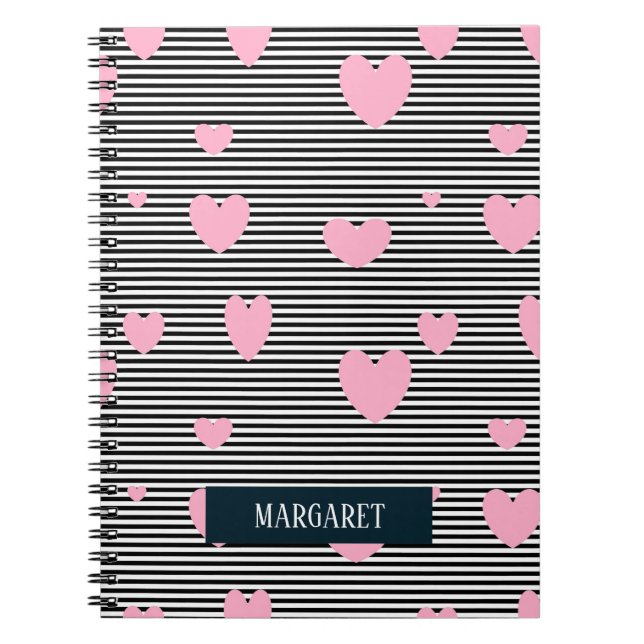 Personalised pink hearts and stripes notebook (Front)
