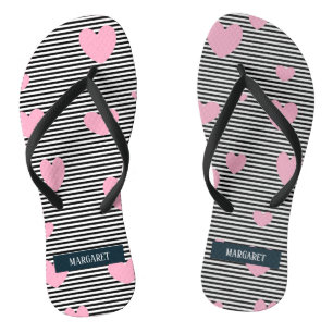 Personalised pink hearts and stripes thongs