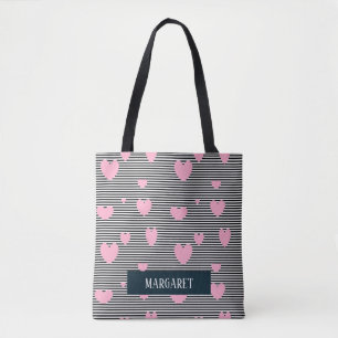 Personalised pink hearts and stripes tote bag