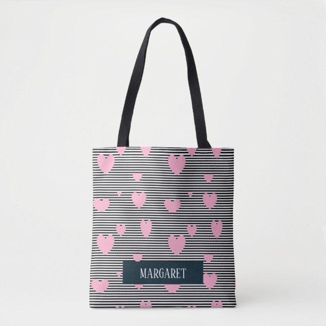 Personalised pink hearts and stripes tote bag (Front)