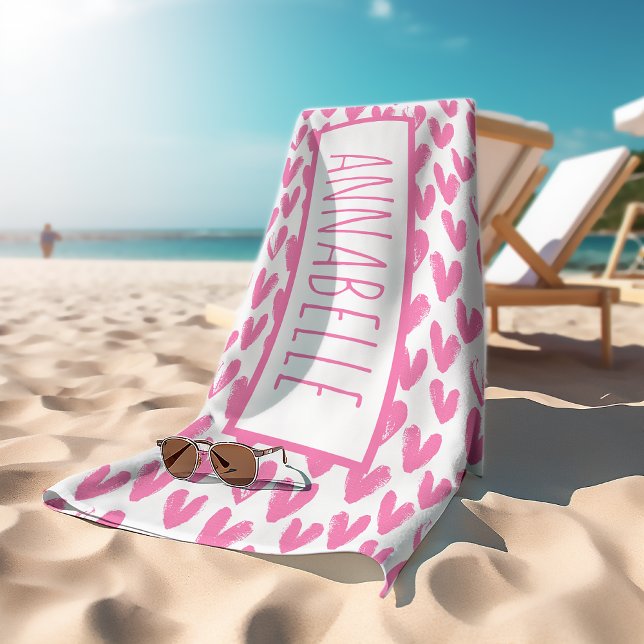 Personalised Pink Hearts Beach Towel (Creator Uploaded)