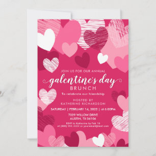 Personalised Pink Hearts Galentine's Day Brunch  Invitation
