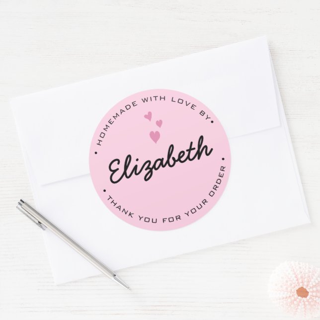 Personalised pink hearts Homemade with Love Classic Round Sticker (Envelope)