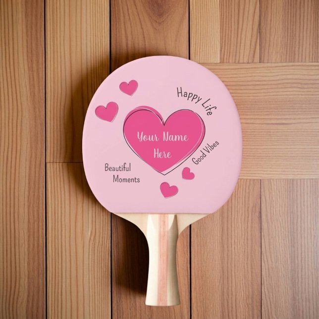 Personalised Pink Hearts Ping Pong Paddle (Fully customizable pink hearts ping pong paddle with editable text)