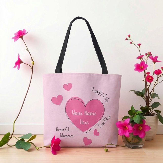 Personalised Pink Hearts Tote Bag (Fully customizable pink hearts tote bag with editable text)