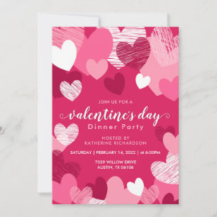 Personalised Pink Hearts Valentine's Dinner Party Invitation