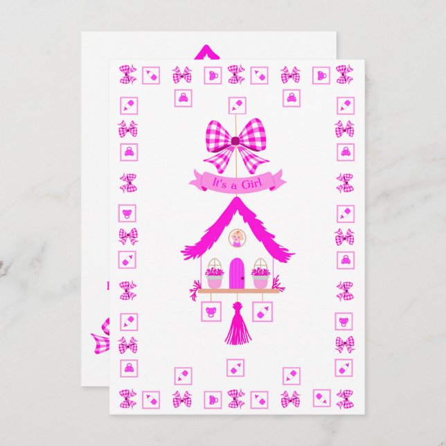 Personalised Pink House It's a Girl Invitation (Front/Back)
