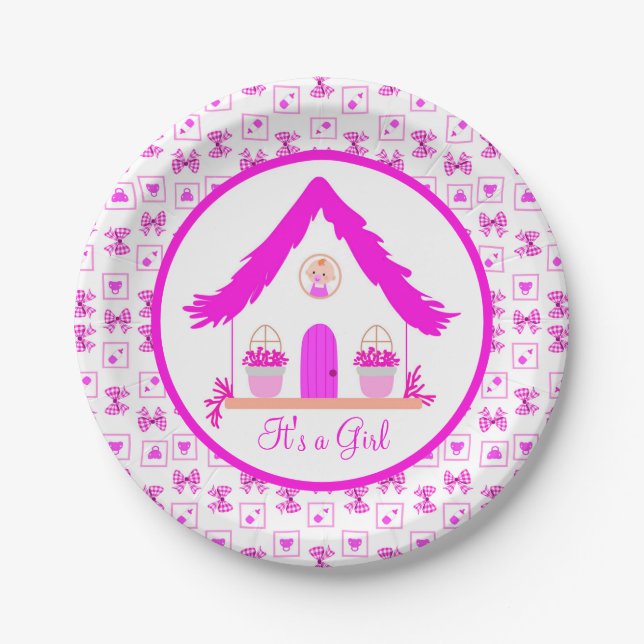Personalised Pink House It's a Girl Paper Plate (Front)