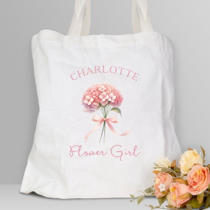 Personalised Pink Hydrangea Bow Floral Flower Girl Tote Bag