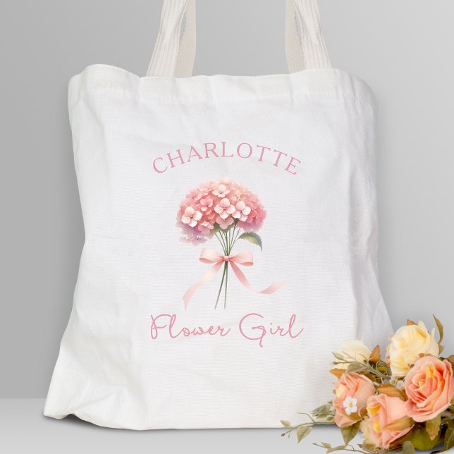 Personalised Pink Hydrangea Bow Floral Flower Girl Tote Bag (Add a pop of floral elegance to your wedding with this custom flower girl tote—stylish and memorable)