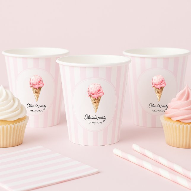 Personalised Pink Ice Cream Cone Birthday  Paper Cups (Creator Uploaded)