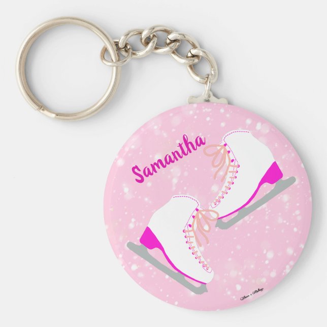 Personalised Pink Ice Skates Cute Kawaii Figure Key Ring (Front)