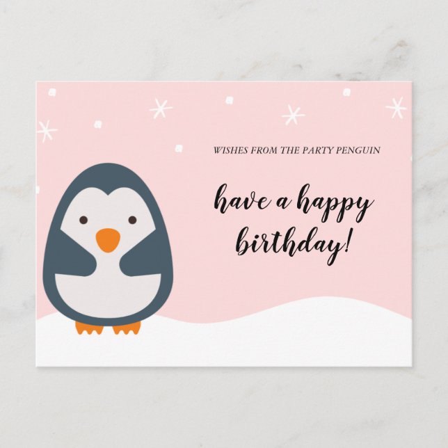 Personalised - Pink Illustrated Penguin Birthday Postcard (Front)
