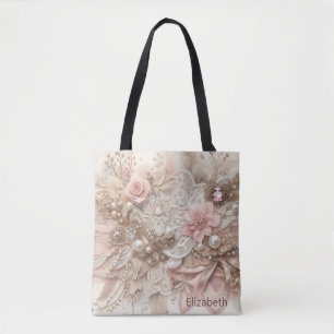 Personalised Pink Ivory Beige Florals Wedding Tote Bag