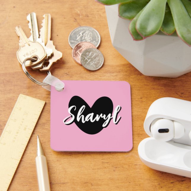 Personalised pink keychain with black heart (Desk)