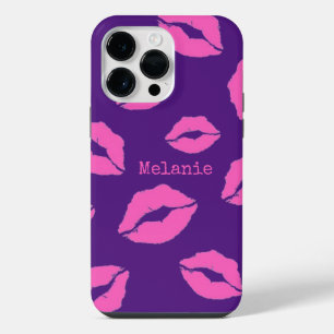 Personalised Pink Kiss Lips on Purple iPhone 14 Pro Max Case