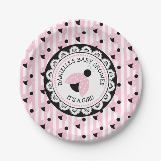 Personalised Pink Ladybug Baby Shower Paper Plates (Front)