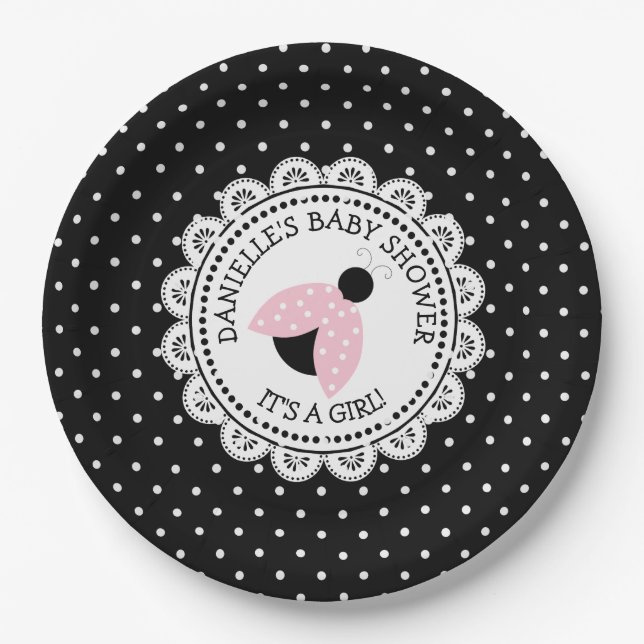 Personalised Pink Ladybug Baby Shower Paper Plates (Front)
