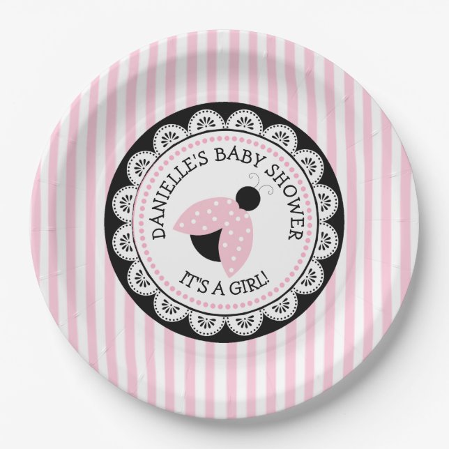 Personalised Pink Ladybug Baby Shower Paper Plates (Front)