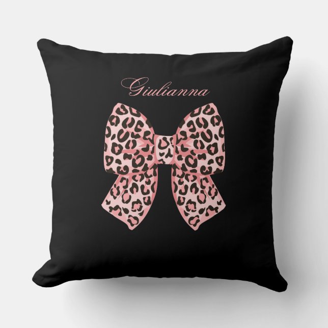 Personalised Pink Leopard Bow Square Pillow  (Front)
