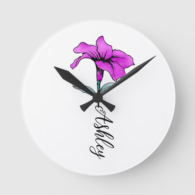 Personalised Pink Lily Flower Round Clock (Front)