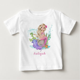 Personalised Pink Little Blonde Mermaid Baby T-Shirt