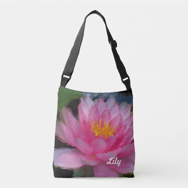 Personalised Pink Lotus Flower Water Lily Crossbody Bag (Front)