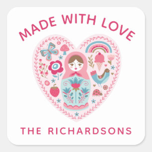 Personalised Pink Made With Love Square Sticker