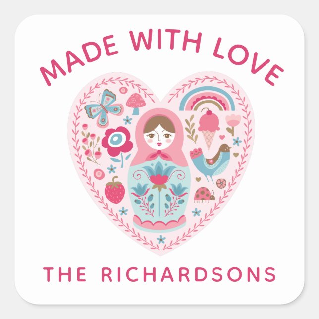 Personalised Pink Made With Love Square Sticker (Front)