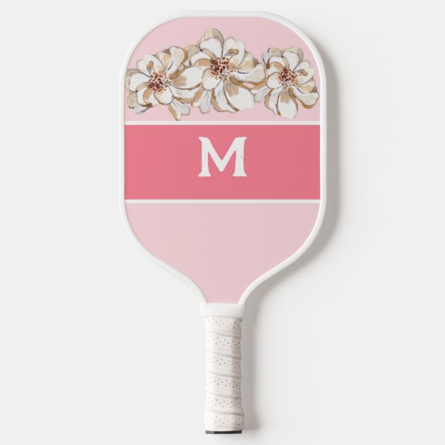 Personalised Pink Magnolia Monogrammed  Pickleball Paddle (Front)
