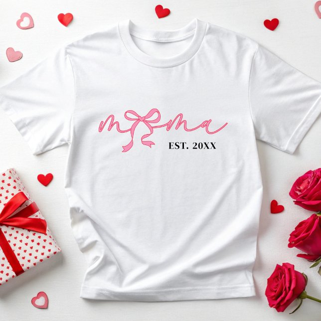 Personalised Pink Mama Est 2025 Coquette Bow Mum T-Shirt (Creator Uploaded)
