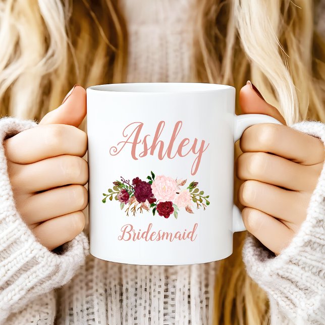 Personalised Pink Marsala Floral Bridesmaid Coffee Mug (Creator Uploaded)