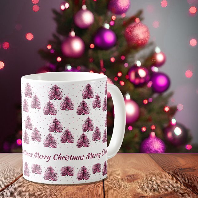 Personalised Pink Merry Christmas Tree Coffee Mug (Personalized Pink Merry Christmas Tree Coffee Mug)