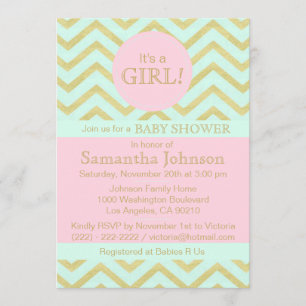 Personalised Pink Mint Green Gold Baby Shower Girl Invitation