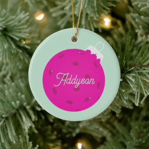 Personalised Pink Mint Green Pickleball Christmas Ceramic Ornament