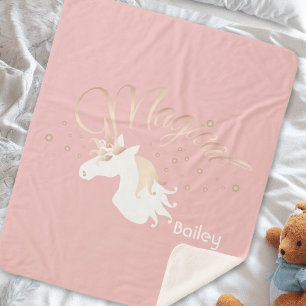 Personalised Pink Modern Magical Unicorn Sherpa Blanket