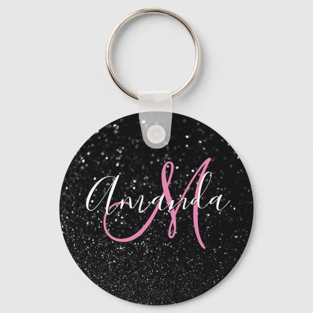 Personalised Pink Monogram Faux Black Glitter Key Ring (Front)