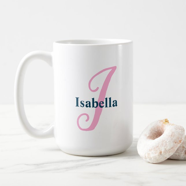 Personalised Pink Monogram Letter I Custom Name Coffee Mug (With Donut)