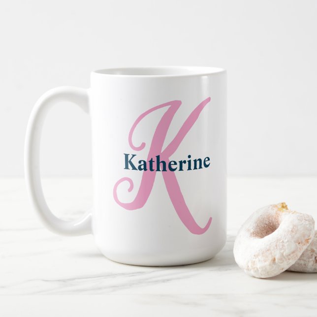 Personalised Pink Monogram Letter K Custom Name Coffee Mug (With Donut)