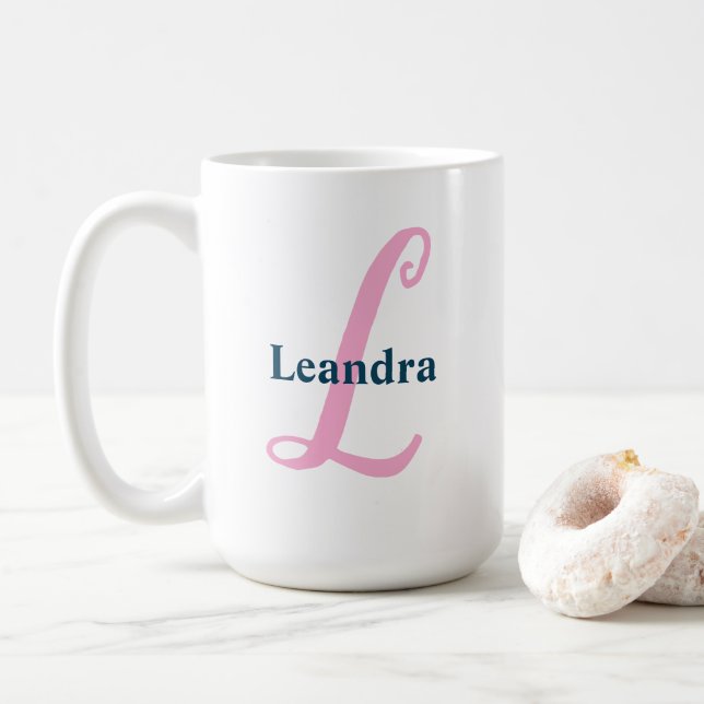 Personalised Pink Monogram Letter L Custom Name Coffee Mug (With Donut)
