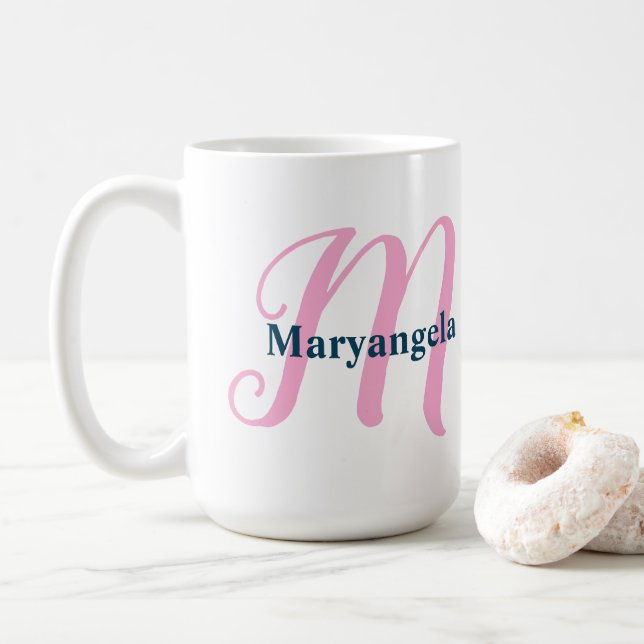 Personalised Pink Monogram Letter M Custom Name Coffee Mug (With Donut)