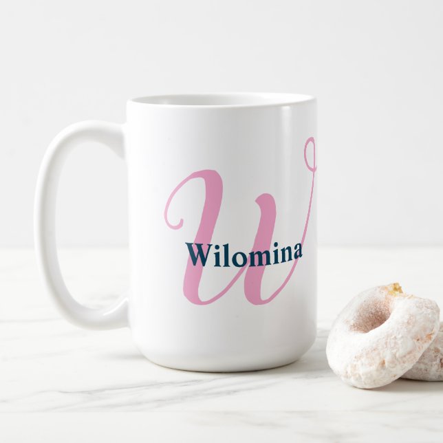 Personalised Pink Monogram Letter W Custom Name Coffee Mug (With Donut)